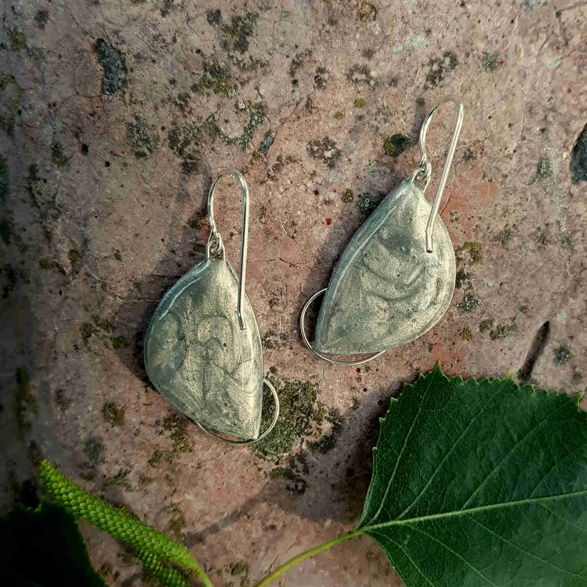 back of "crescent" style birch bark earrings with silver