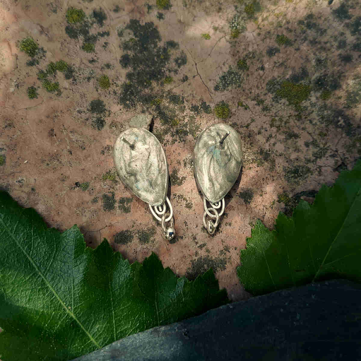 back of "teardrop" post style birch bark earrings with silver